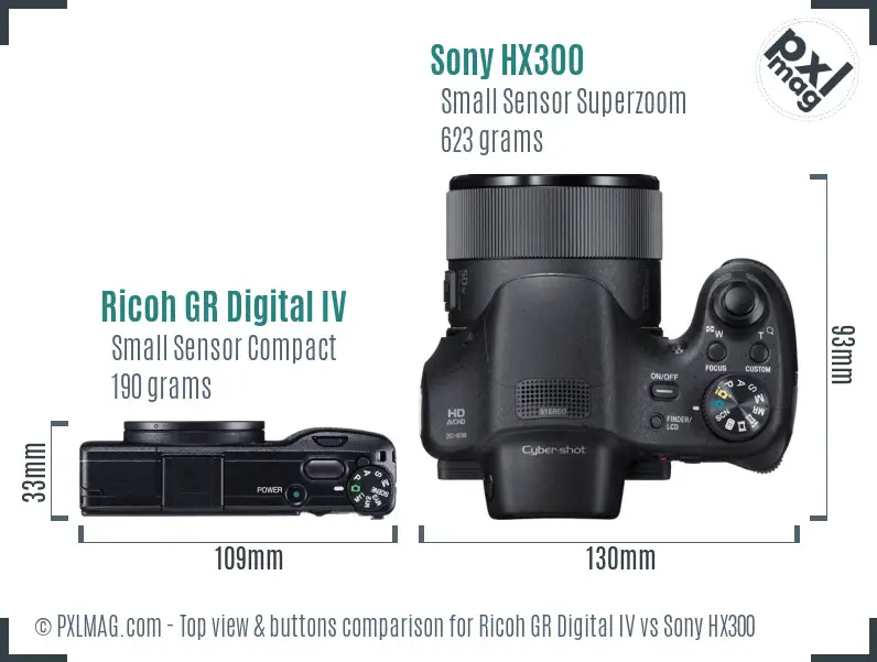 Ricoh GR Digital IV vs Sony HX300 top view buttons comparison