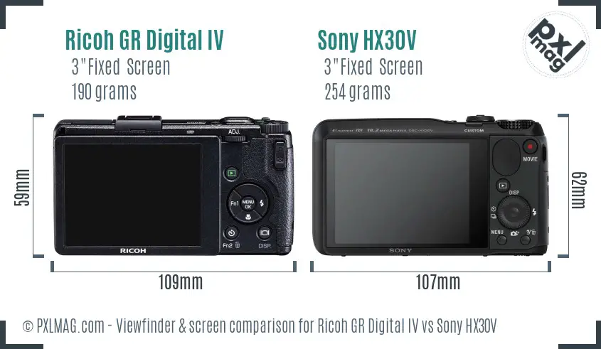 Ricoh GR Digital IV vs Sony HX30V Screen and Viewfinder comparison