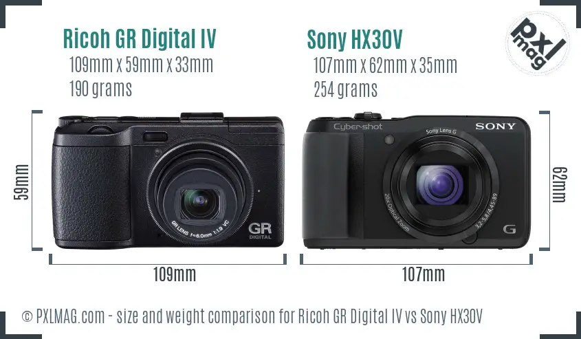 Ricoh GR Digital IV vs Sony HX30V size comparison