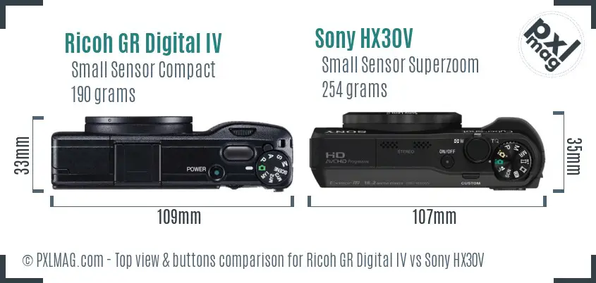 Ricoh GR Digital IV vs Sony HX30V top view buttons comparison