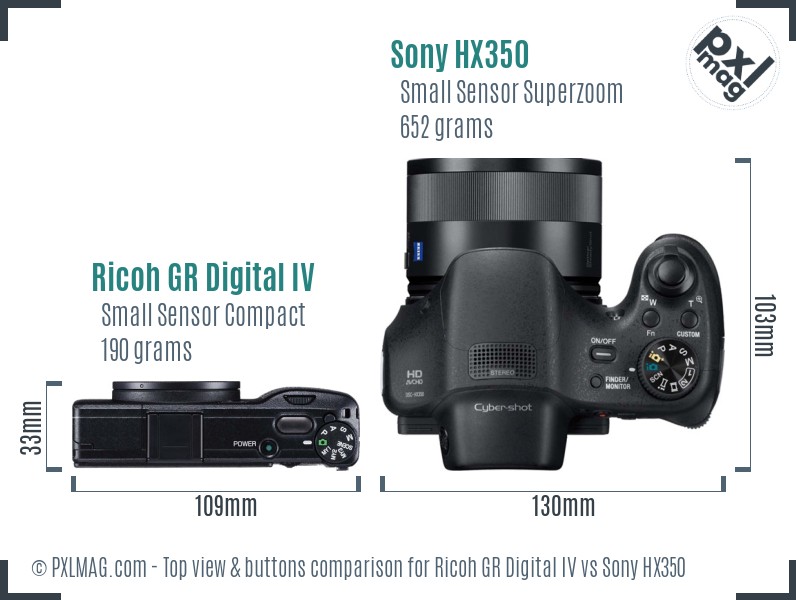Ricoh GR Digital IV vs Sony HX350 top view buttons comparison
