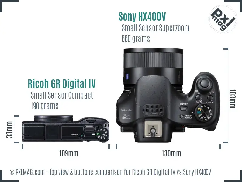 Ricoh GR Digital IV vs Sony HX400V top view buttons comparison