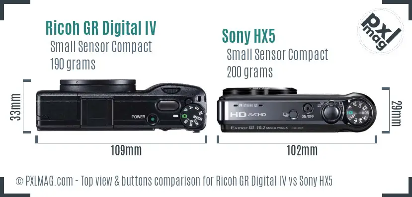 Ricoh GR Digital IV vs Sony HX5 top view buttons comparison