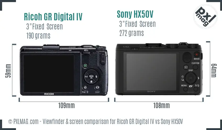 Ricoh GR Digital IV vs Sony HX50V Screen and Viewfinder comparison