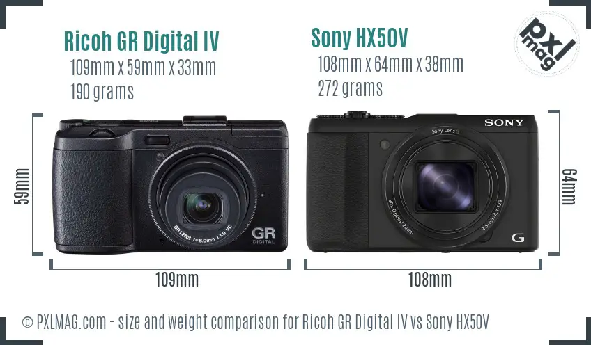 Ricoh GR Digital IV vs Sony HX50V size comparison