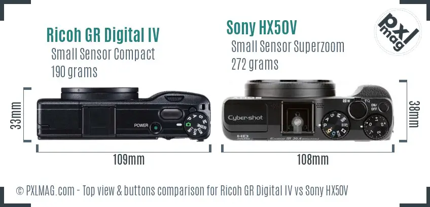 Ricoh GR Digital IV vs Sony HX50V top view buttons comparison