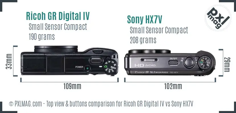 Ricoh GR Digital IV vs Sony HX7V top view buttons comparison