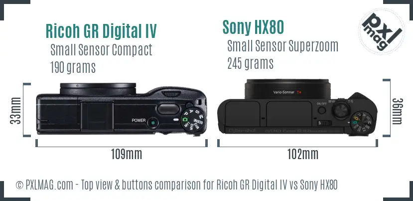Ricoh GR Digital IV vs Sony HX80 top view buttons comparison Ricoh GR Digital IV vs Sony HX80 top view buttons comparison