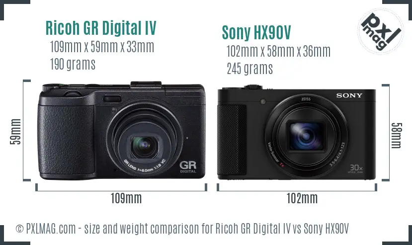 Ricoh GR Digital IV vs Sony HX90V size comparison