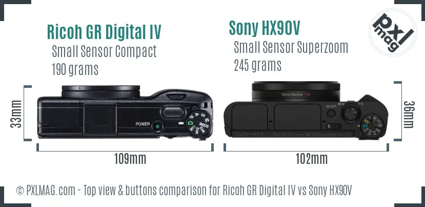 Ricoh GR Digital IV vs Sony HX90V top view buttons comparison