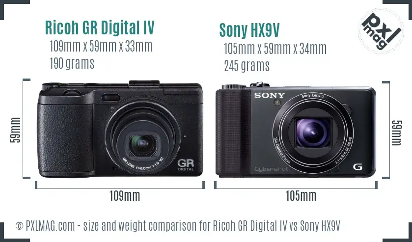 Ricoh GR Digital IV vs Sony HX9V size comparison