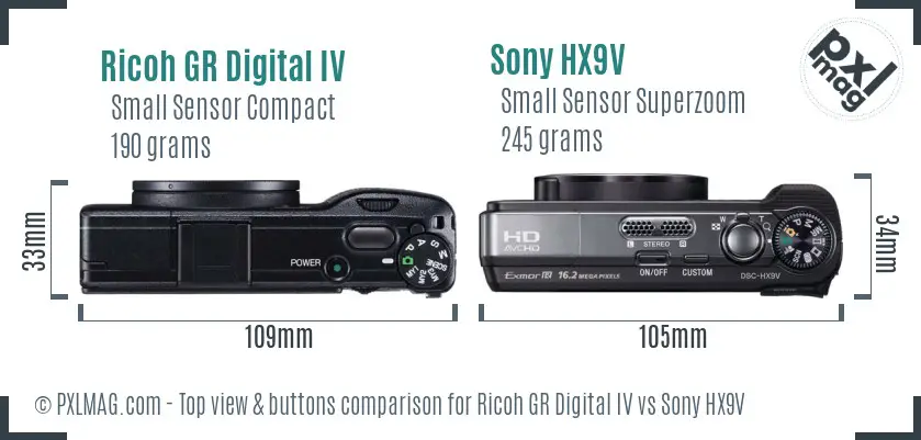 Ricoh GR Digital IV vs Sony HX9V top view buttons comparison