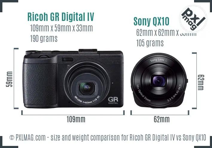 Ricoh GR Digital IV vs Sony QX10 size comparison