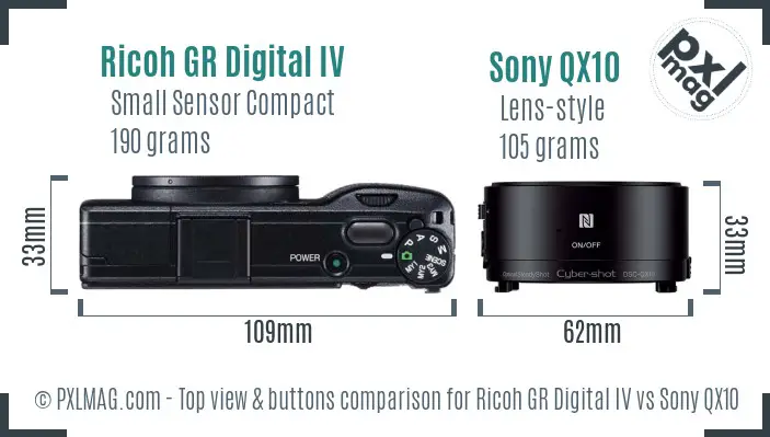Ricoh GR Digital IV vs Sony QX10 top view buttons comparison