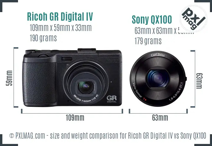 Ricoh GR Digital IV vs Sony QX100 size comparison