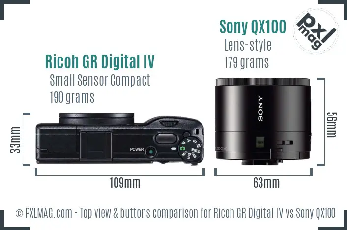 Ricoh GR Digital IV vs Sony QX100 top view buttons comparison
