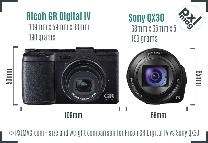 Ricoh GR Digital IV vs Sony QX30 size comparison