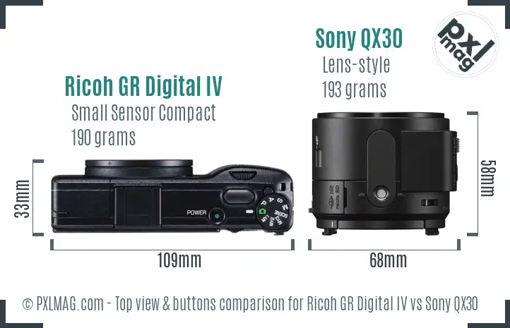 Ricoh GR Digital IV vs Sony QX30 top view buttons comparison