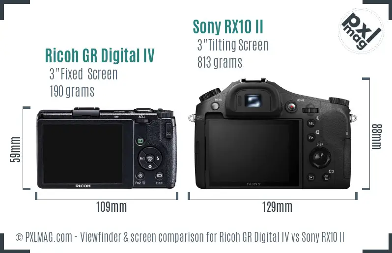 Ricoh GR Digital IV vs Sony RX10 II Screen and Viewfinder comparison