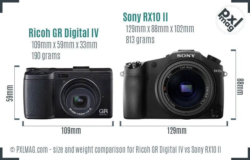 Ricoh GR Digital IV vs Sony RX10 II size comparison