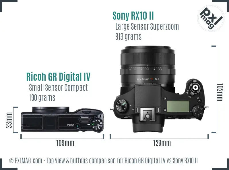 Ricoh GR Digital IV vs Sony RX10 II top view buttons comparison