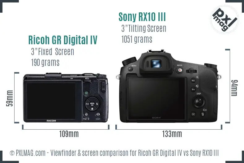 Ricoh GR Digital IV vs Sony RX10 III Screen and Viewfinder comparison