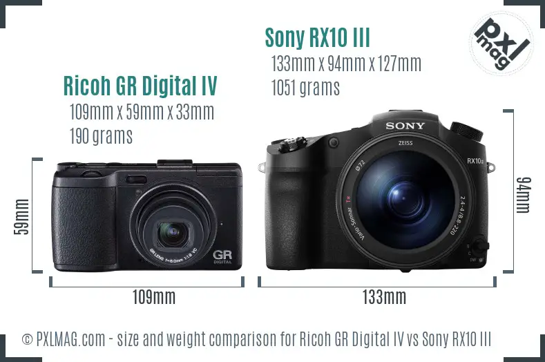 Ricoh GR Digital IV vs Sony RX10 III size comparison