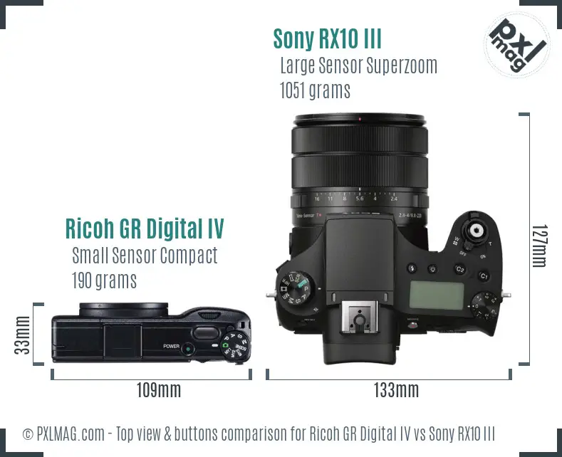 Ricoh GR Digital IV vs Sony RX10 III top view buttons comparison