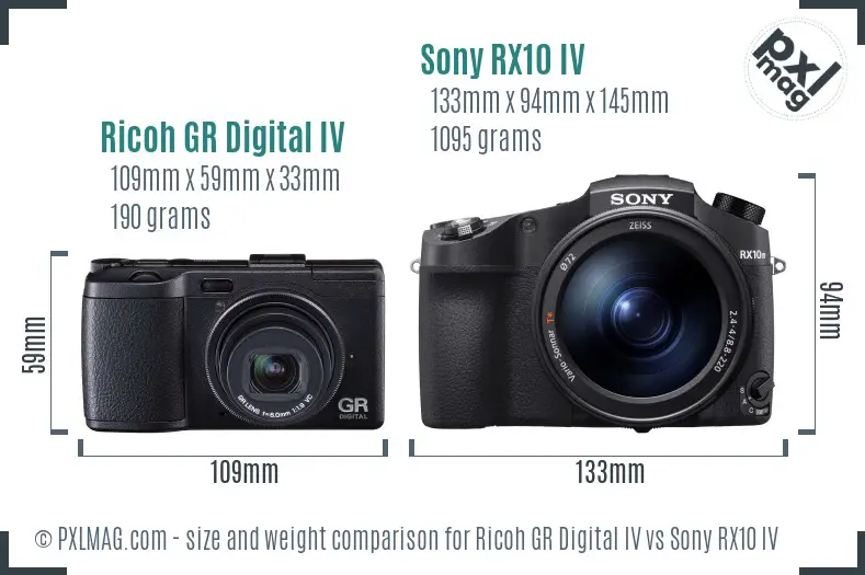 Ricoh GR Digital IV vs Sony RX10 IV size comparison