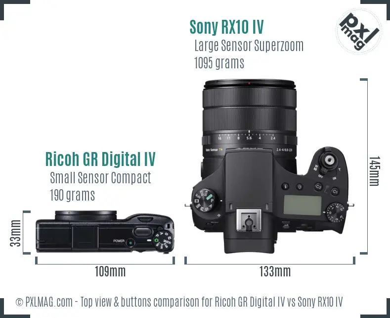 Ricoh GR Digital IV vs Sony RX10 IV top view buttons comparison