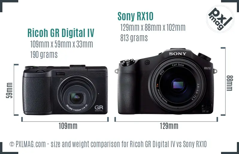Ricoh GR Digital IV vs Sony RX10 size comparison