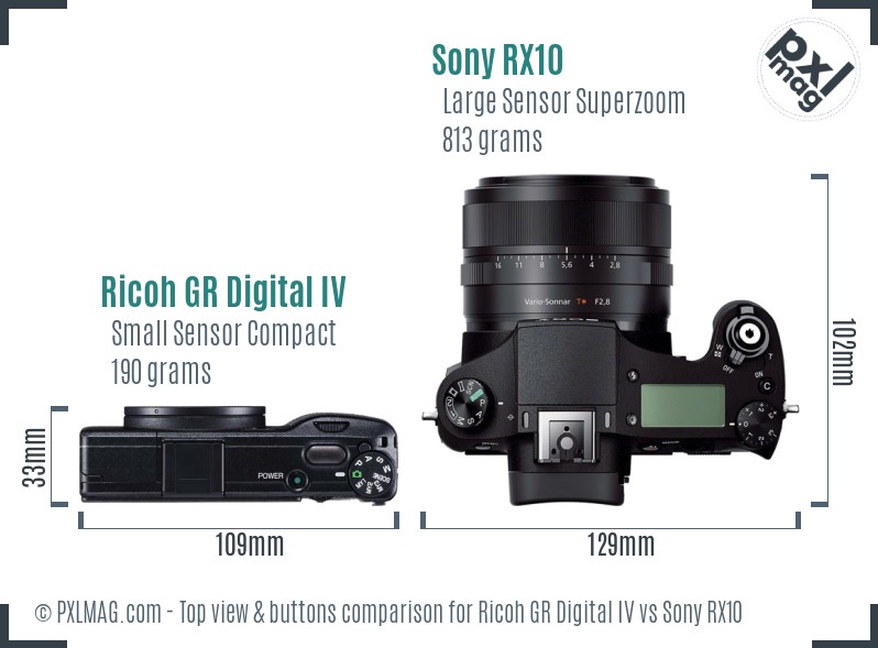 Ricoh GR Digital IV vs Sony RX10 top view buttons comparison