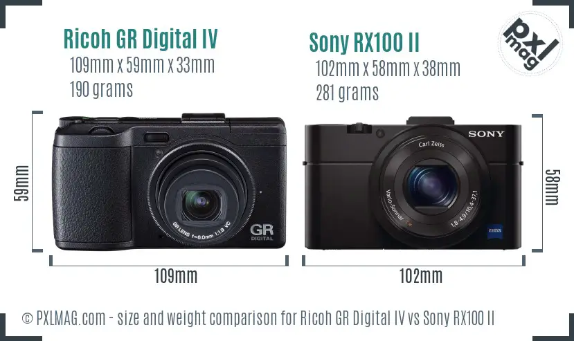 Ricoh GR Digital IV vs Sony RX100 II size comparison