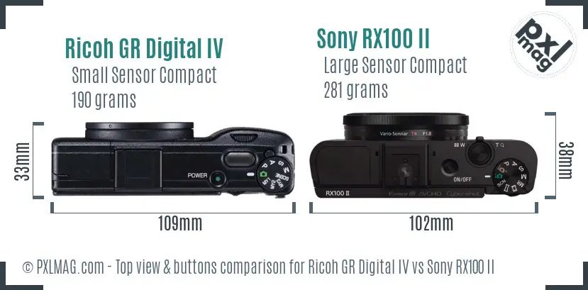 Ricoh GR Digital IV vs Sony RX100 II top view buttons comparison