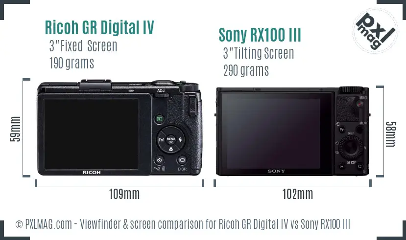Ricoh GR Digital IV vs Sony RX100 III Screen and Viewfinder comparison