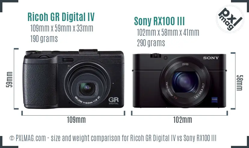 Ricoh GR Digital IV vs Sony RX100 III size comparison