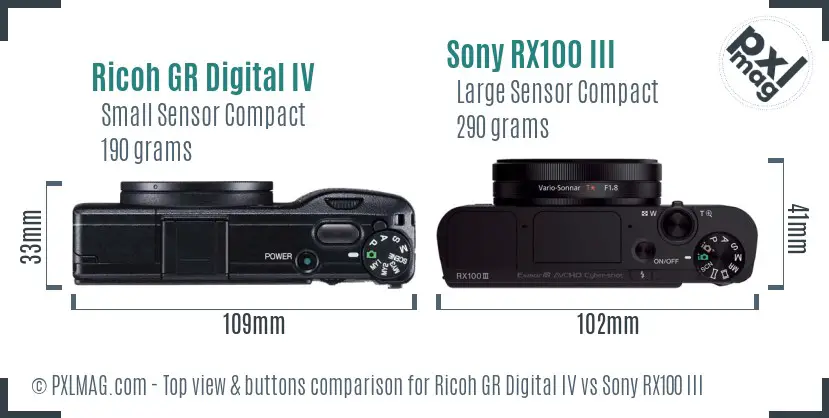 Ricoh GR Digital IV vs Sony RX100 III top view buttons comparison