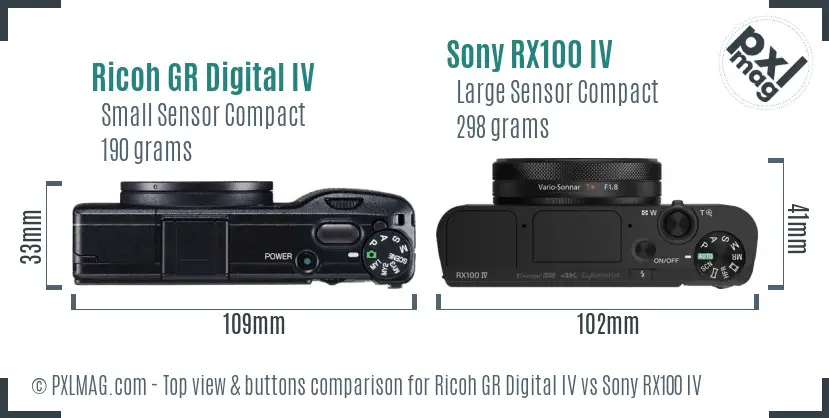 Ricoh GR Digital IV vs Sony RX100 IV top view buttons comparison