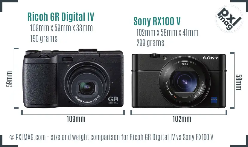 Ricoh GR Digital IV vs Sony RX100 V size comparison