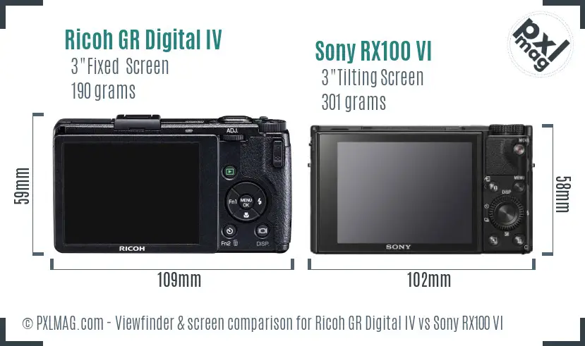 Ricoh GR Digital IV vs Sony RX100 VI Screen and Viewfinder comparison