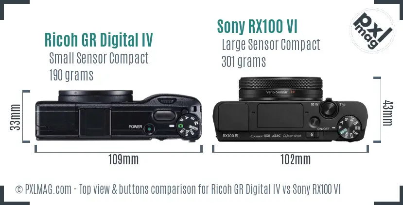 Ricoh GR Digital IV vs Sony RX100 VI top view buttons comparison