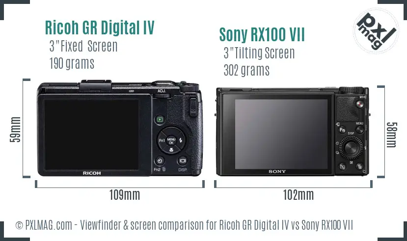 Ricoh GR Digital IV vs Sony RX100 VII Screen and Viewfinder comparison