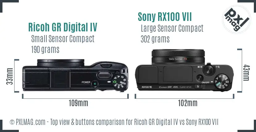 Ricoh GR Digital IV vs Sony RX100 VII top view buttons comparison