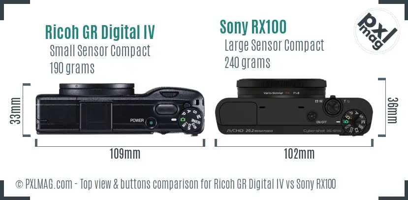 Ricoh GR Digital IV vs Sony RX100 top view buttons comparison