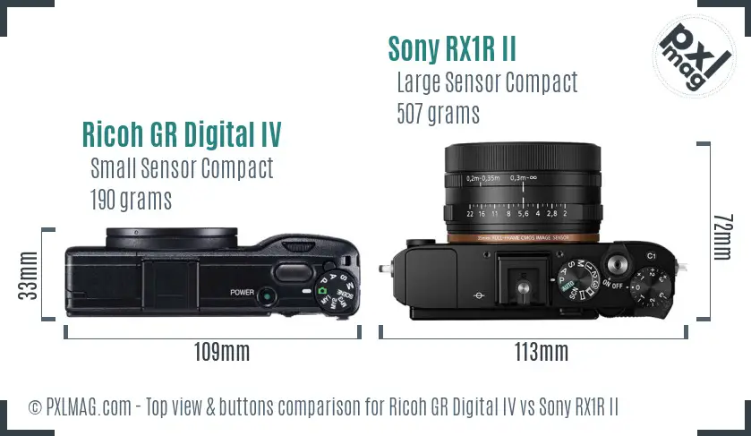 Ricoh GR Digital IV vs Sony RX1R II top view buttons comparison