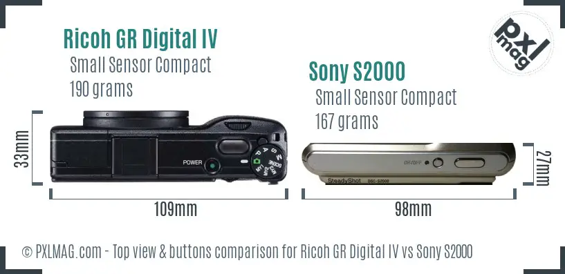 Ricoh GR Digital IV vs Sony S2000 top view buttons comparison