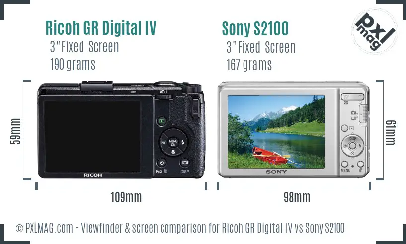 Ricoh GR Digital IV vs Sony S2100 Screen and Viewfinder comparison