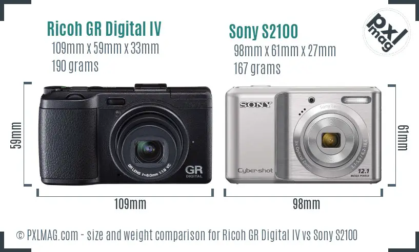 Ricoh GR Digital IV vs Sony S2100 size comparison