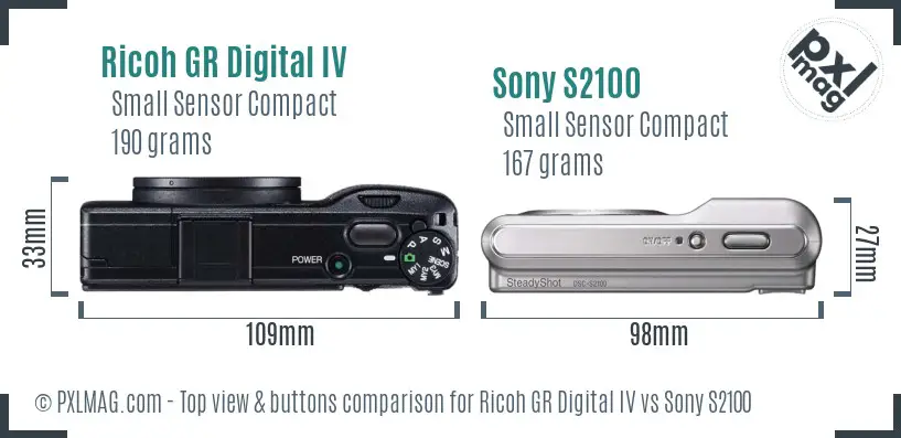 Ricoh GR Digital IV vs Sony S2100 top view buttons comparison