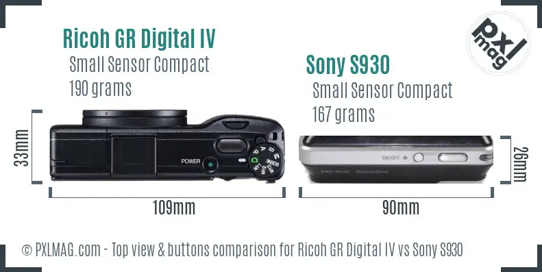 Ricoh GR Digital IV vs Sony S930 top view buttons comparison
